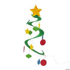 a green christmas tree with stars and balls hanging from it's sides, on a white background