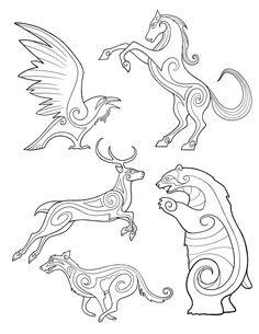 four different animals with swirly designs on them