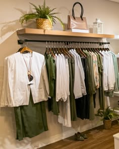 a rack with clothes hanging on it in a room next to a potted plant