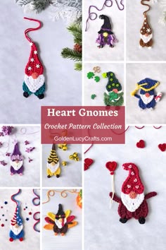 Photo collage of crocheted gnomes. Crochet Heart Gnome Christmas Ornament, Crochet Gnome Garland Pattern, Crochet Gnome Applique Pattern Free, Crochet Gnome Ornament Free Pattern, Gnome Applique Pattern Free, Crocheted Gnomes Pattern Free, Christmas Gnome Crochet Patterns Free, Crochet Gnomes Free Pattern, Applique Crochet Patterns