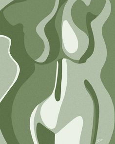 an abstract green and white painting with wavy lines in the shape of female torsos