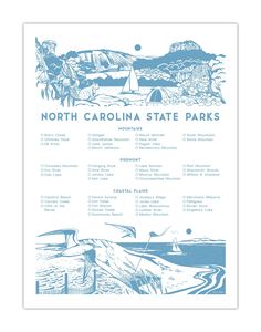 the north carolina state parks poster is shown in blue and white, with an image of boats