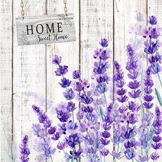 a painting of lavender flowers in front of a white wooden fence with a sign that says home sweet home