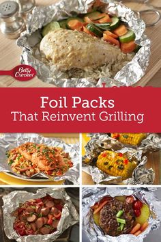 foil packs with different types of food in them and the words foil packs that reinvent grilling