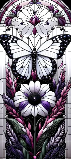 a stained glass window with flowers and butterflies