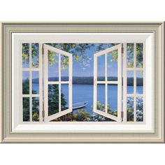 an open window with a boat out on the water and trees in front of it