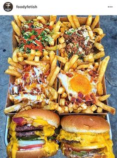 several different types of burgers and french fries