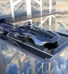 a futuristic car is floating in the air above clouds and skyscrapers, as if it were flying through the sky