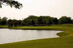 a pond in the middle of a golf course with green grass and trees around it