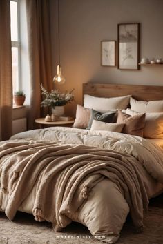 a large bed sitting in a bedroom next to a window with lots of pillows on top of it