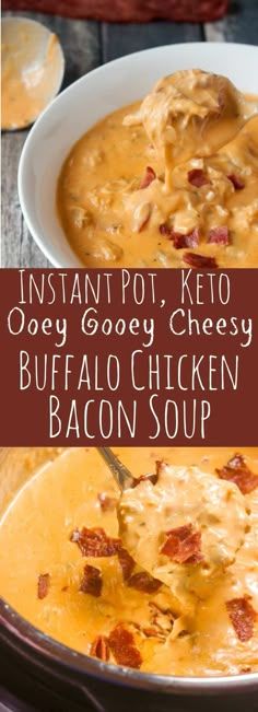 instant pot keto cheese buffalo chicken bacon soup in a white bowl with a spoon