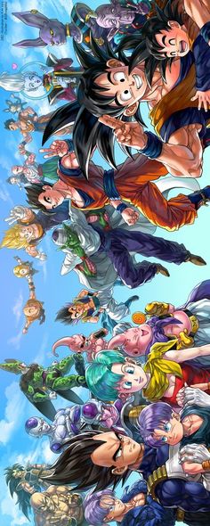 an image of anime characters flying in the sky with their heads tilted to look like they are