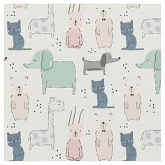 an animal themed wallpaper with cats, dogs and rabbits in pastel colors on a white background