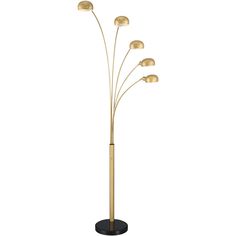 a gold floor lamp with five lights on the top and one light on the bottom