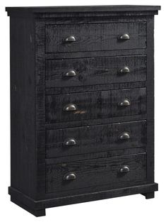 a black dresser with five drawers and metal knobs