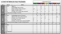 a spreadsheet showing the daily meal and menus for each day, including meals