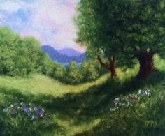 an oil painting of trees and flowers on a hill