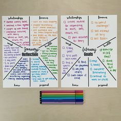 three different types of writing on paper with colored pencils next to eachother