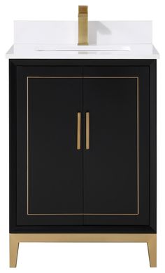 a black and gold cabinet with a white sink