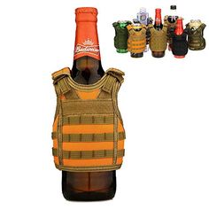 an orange and brown vested beer bottle holder