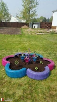 the garden is made out of old tires