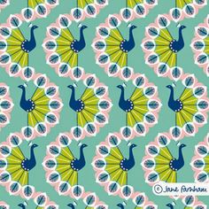 a blue and green pattern with peacocks on it