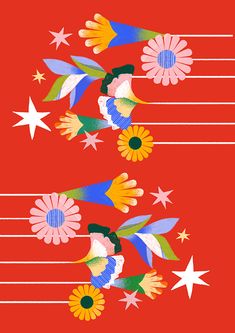 an image of colorful flowers and stars on a red background with white lines in the middle