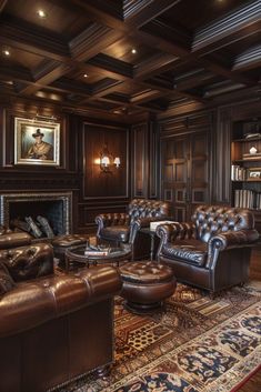 a living room with leather furniture and a fireplace