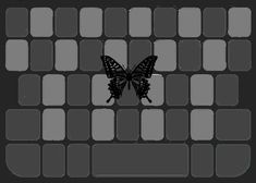 a black and white photo of a butterfly on a keyboard with squares in the background