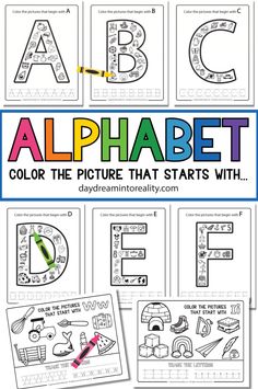 the alphabet worksheet for children to learn how to write and color with pictures