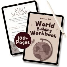 the world building workbook is next to an ipad