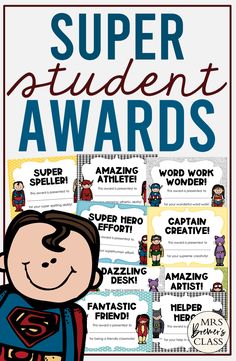 the student awards poster with an image of a boy wearing a superman costume and text reading,