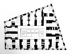 a black and white drawing of a floor plan with multiple rooms on each side that are connected to different levels