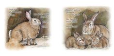 two pictures of rabbits with words written on the front and back, one is brown