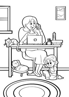 a woman sitting at a table working on her laptop while holding a cat and talking on the phone