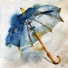 watercolor painting of an umbrella with blue and yellow colors on it's handle