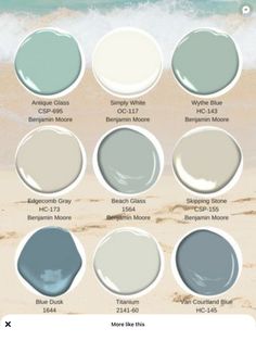 the shades of blue and white are shown in this color scheme for beach house paint