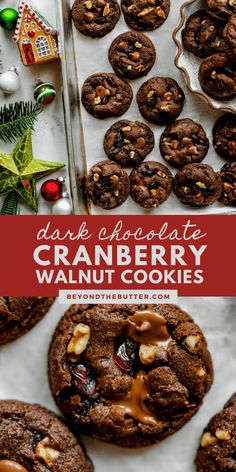 chocolate cranberry walnut cookies on a baking sheet with christmas decorations in the background