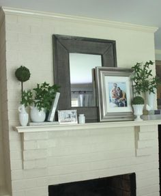 a fireplace with some plants and pictures on it