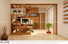 the interior of a modern living room with wooden shelves and plants in vases on the floor