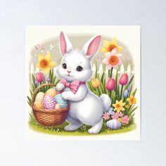 a white bunny with an easter basket in the grass poster