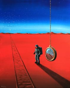 an astronaut is standing in the middle of a red field with a clock hanging from it's side