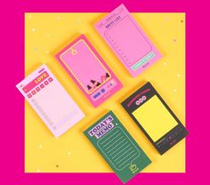 three different types of sticky notes on a yellow and pink background