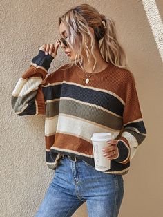 Casual Fall Striped Sweater Oversized, Pullovers Round Neck, Long Sleeve 100% Acrylic, Slight Stretch Machine wash or professional dry clean Ships in 4-6 daysJoin our mailing list for a 20% off your first order, sign up on the main page Striped Oversized Sweater, Surfergirl Style, Oversized Striped Sweater, Pull Oversize, Women Sweaters, Oversized Knitted Sweaters, Womens Clothing Sizes, Trendy Fashion Women, Oversized Sweater