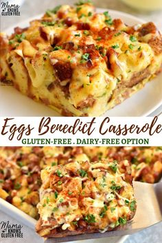 an egg casserole with bacon and cheese on top is shown in three different pictures