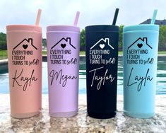 three different colored tumblers with the words everything i touch turns to cold and taylor