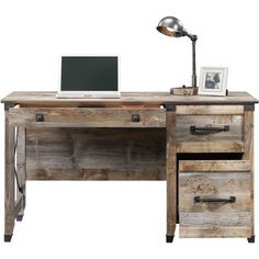 a wooden desk with two drawers and a laptop on top of it, in front of a white background