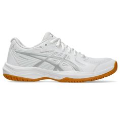 a white tennis shoe with orange soles on the bottom and upper part of the shoe