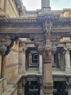 the inside of an old building with stone carvings