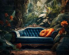 a blue couch sitting in the middle of a forest filled with lots of plants and flowers